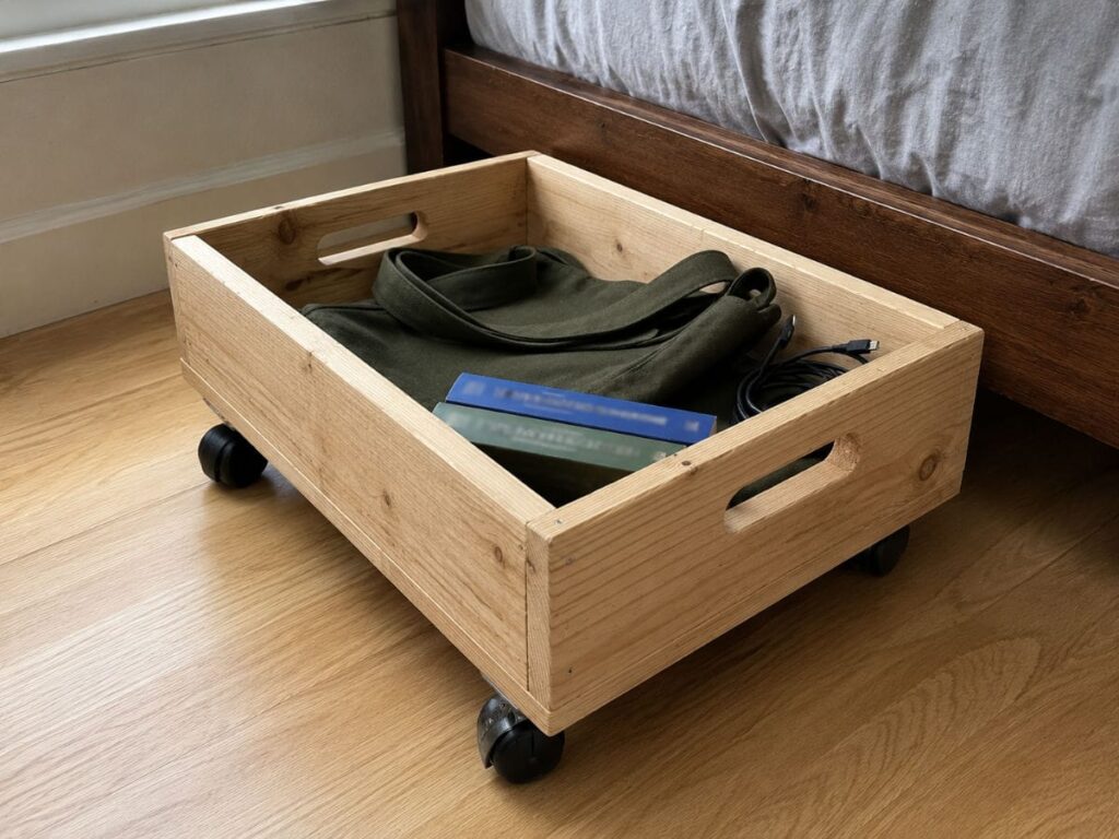 DIY natural pine wooden crate on black furniture casters used as rolling under-bed storage