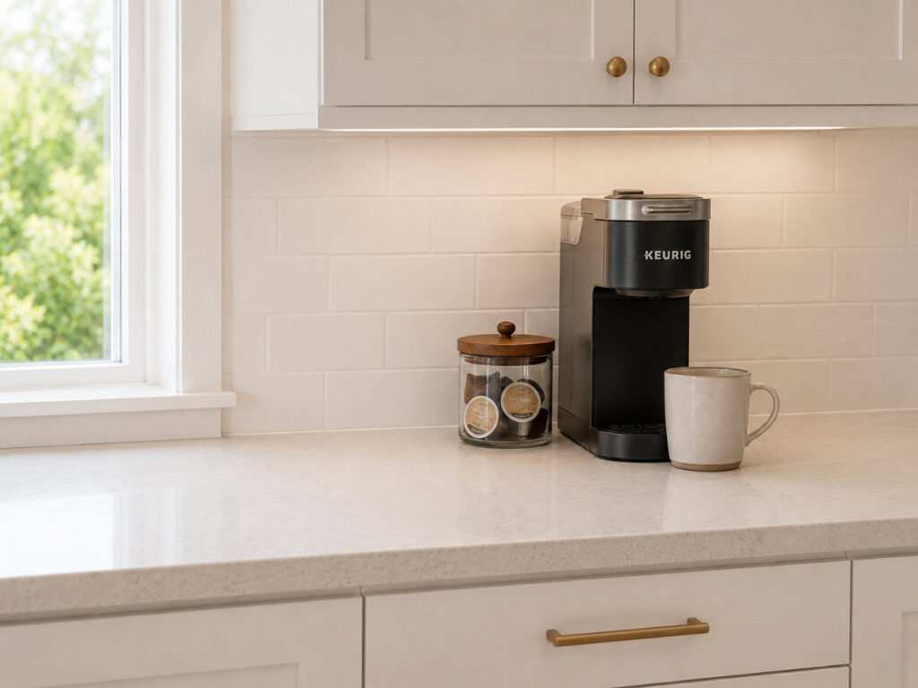 dedicated coffee station on kitchen counter with coffee maker and mug