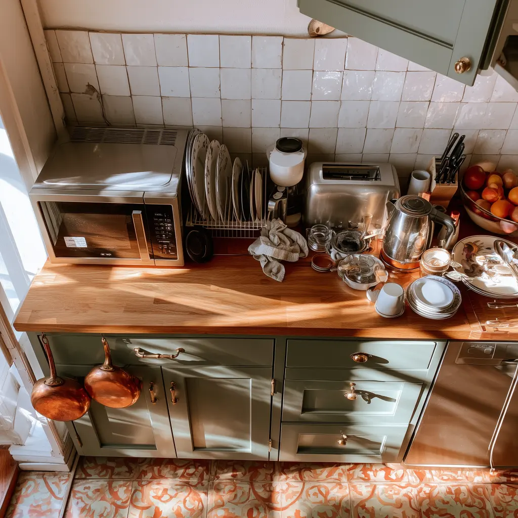 Crowded kitchen counter with seven appliances and no clear working space, the problem kitchen counter organization has to solve