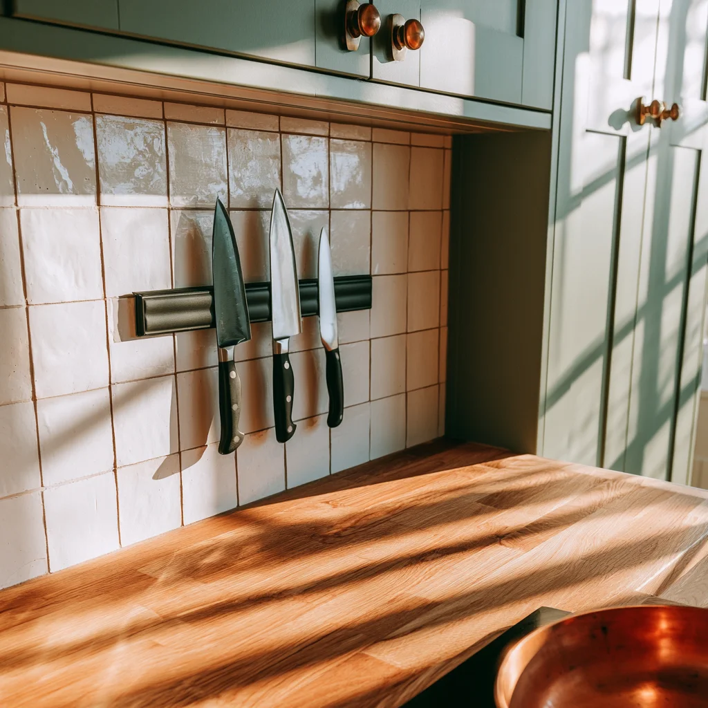 Magnetic knife strip mounted on a tiled splashback, freeing the counter space a block would take
