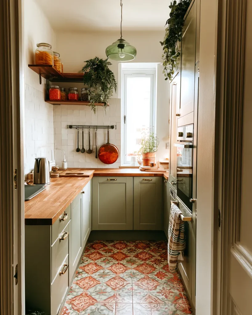 Small kitchen with clear counters and a wall rail holding utensils off the surface