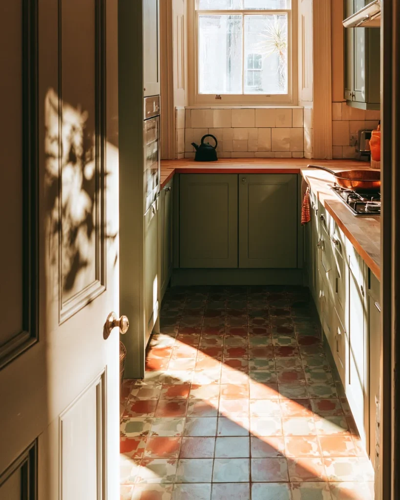 Cleared kitchen counter seen against window light, one uninterrupted working surface