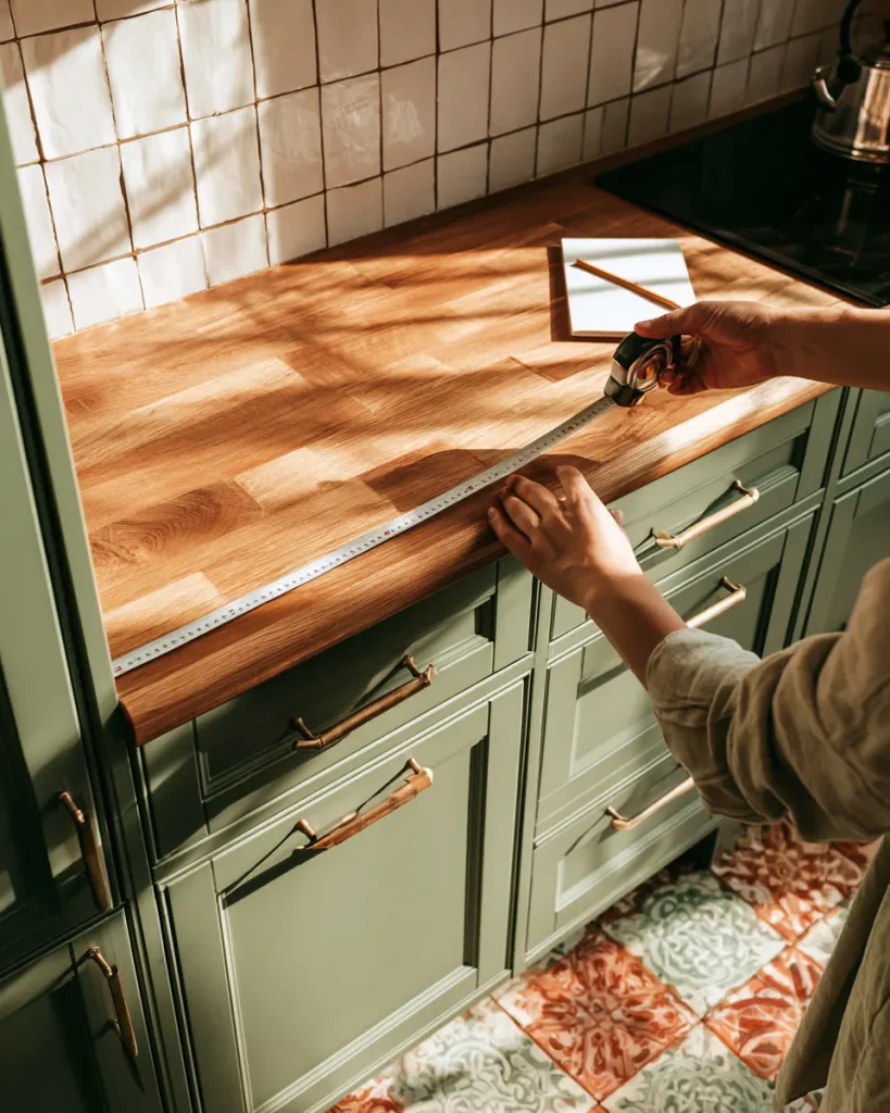 Hands measuring the length of a kitchen counter run before deciding what stays on it