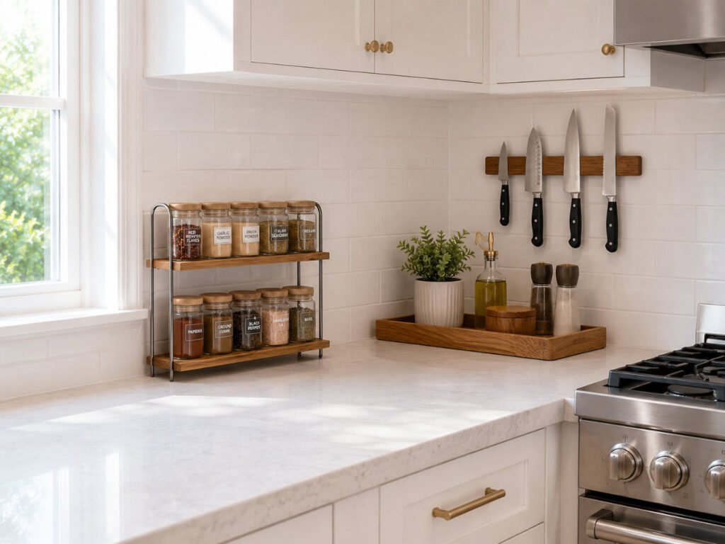 kitchen counter with tiered spice rack, magnetic knife strip on wall, and wooden tray holding daily items