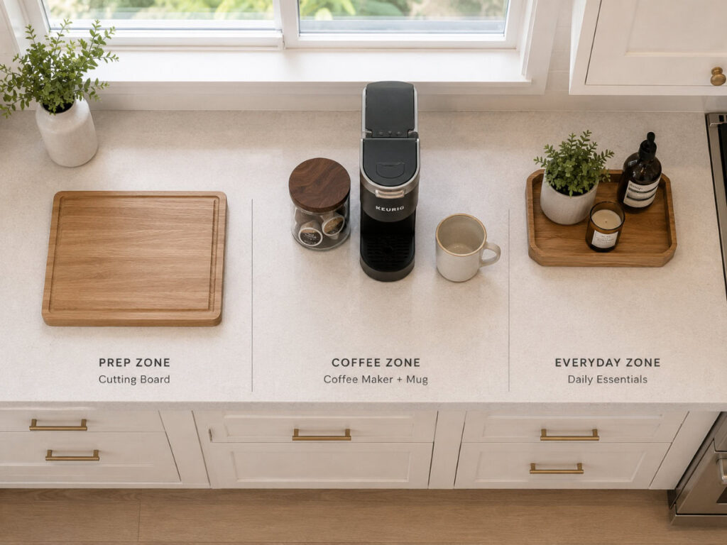 kitchen counter organization ideas shown from above with three zones: prep, coffee, and everyday
