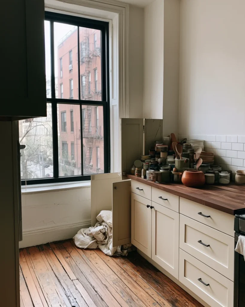 Kitchen cabinet emptied onto the counter, the first step in these kitchen organization ideas for small spaces