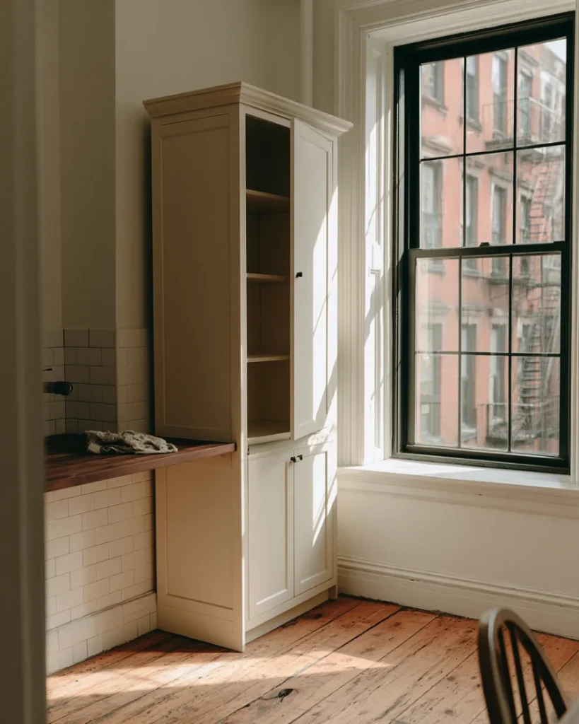 Empty wiped kitchen cabinet with the counter cleared below it before anything goes back