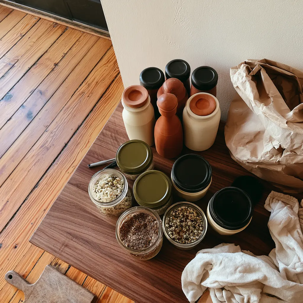 Pantry jars and tins sorted into a keep pile and a discard pile on a kitchen counter