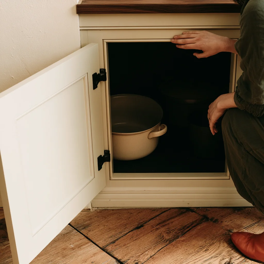 Blind corner base cabinet holding one category of large light items with dark empty space behind