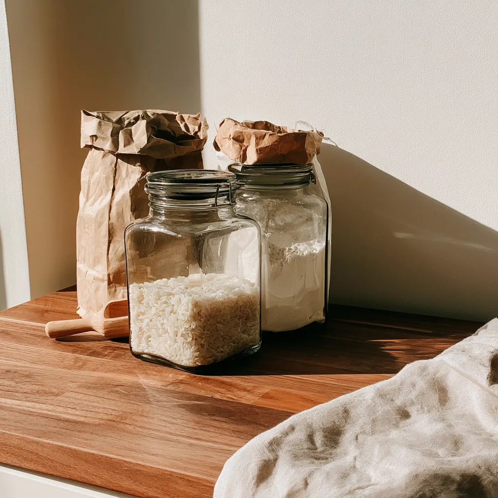 Two square jars of rice and flour standing next to the paper bags they were decanted from