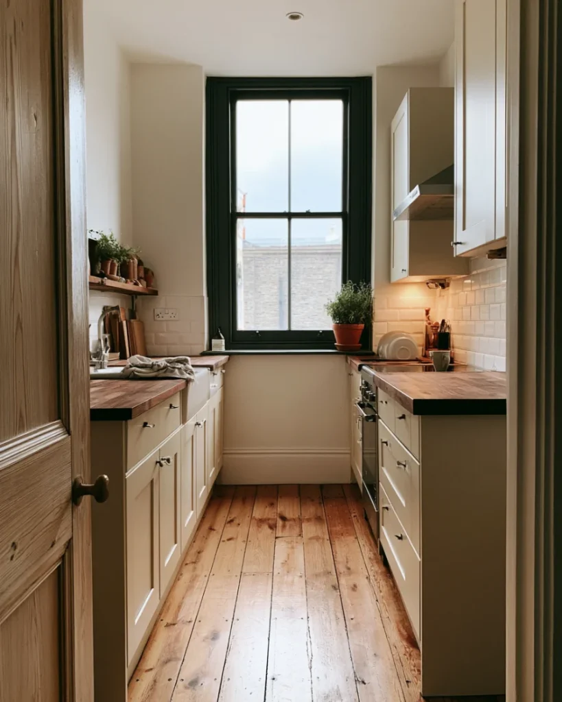 Small galley kitchen with both counters clear at dusk after the ten minute weekly reset