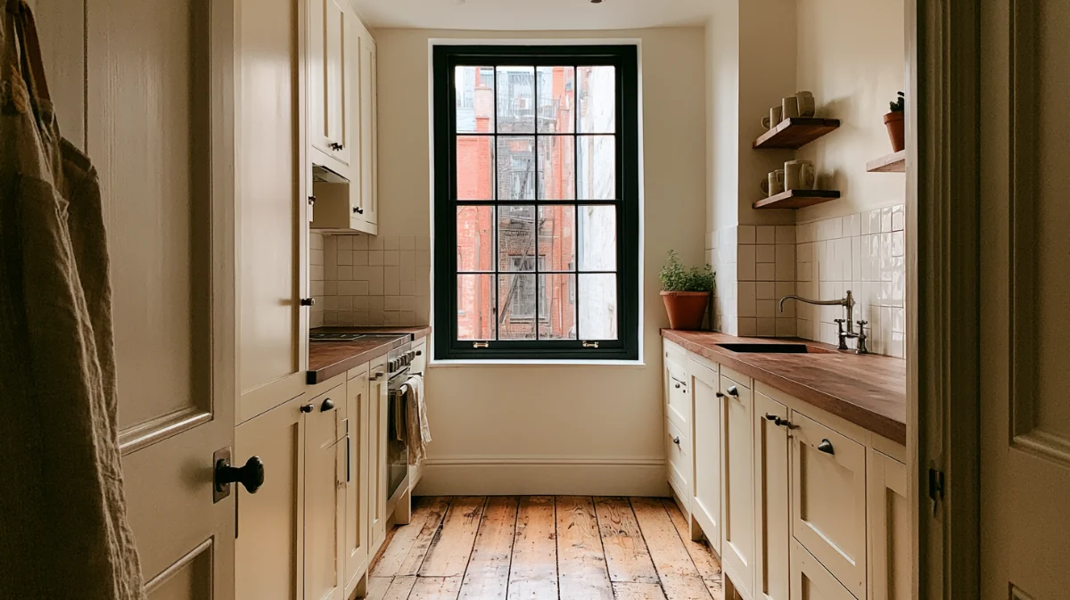 Small galley kitchen with both counter runs clear, seen down its length from the doorway