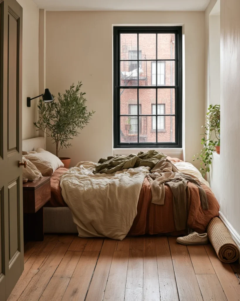 Small bedroom with the floor completely cleared and everything piled on the bed, the first of these minimalist bedroom ideas for small rooms