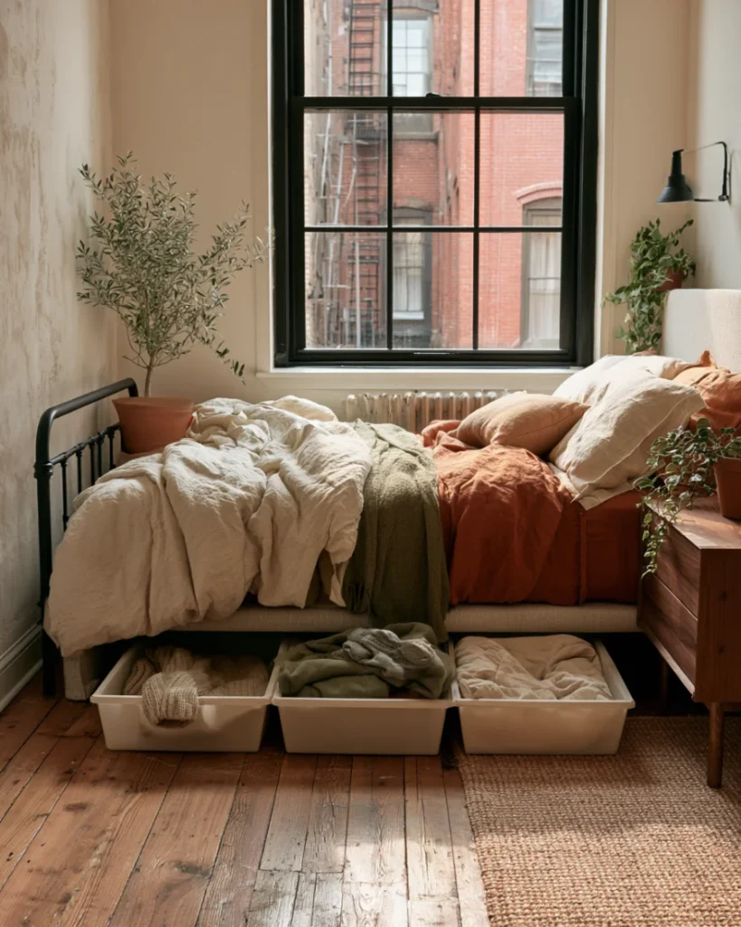 Clear lidded storage bins pulled out from under a bed frame in a small rented bedroom