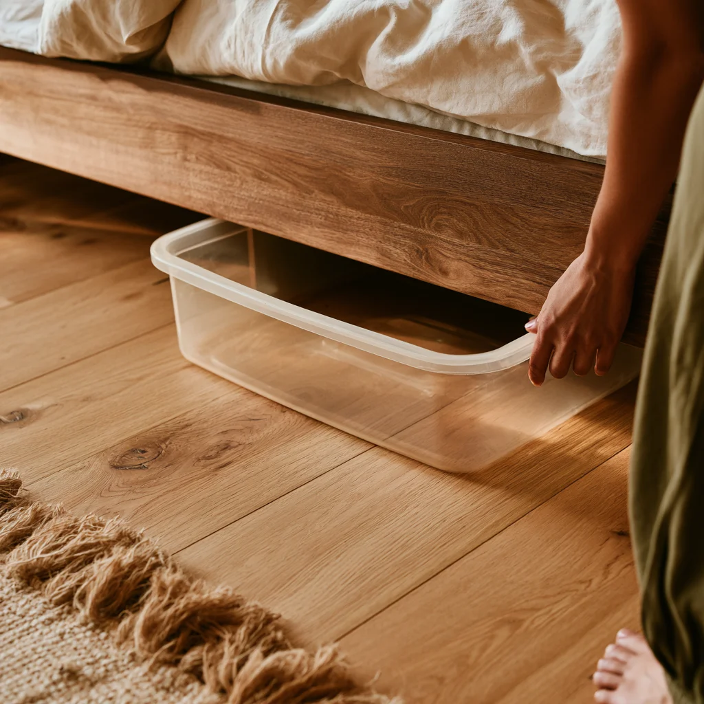 Storage bin lid sliding into the clearance gap beneath a wooden bed frame