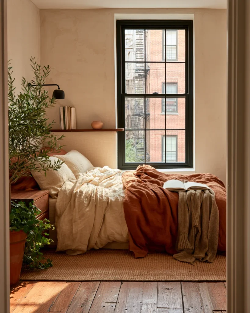 Shallow picture ledge mounted above a bed in place of a headboard in a small rented room