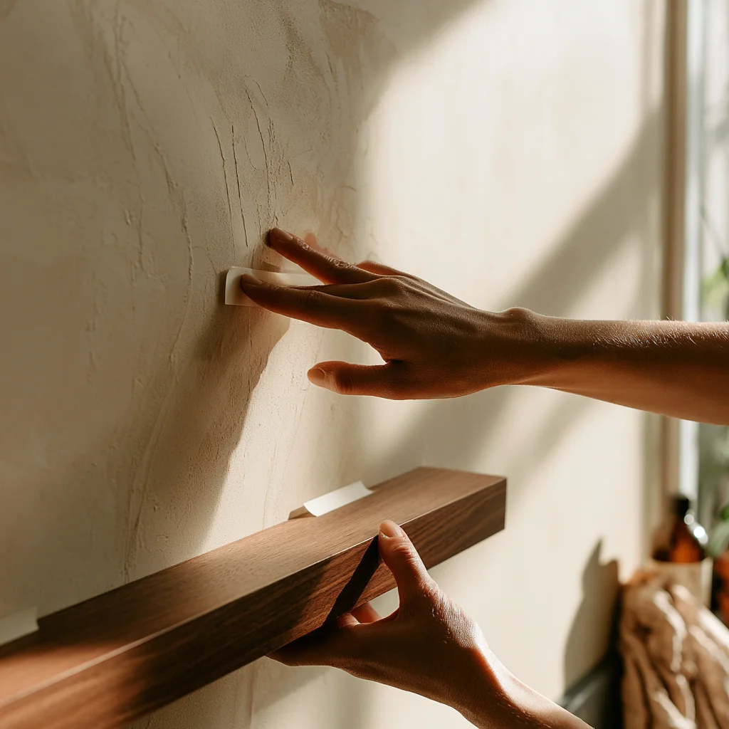 Adhesive mounting strip being pressed onto a plaster wall before hanging a small shelf