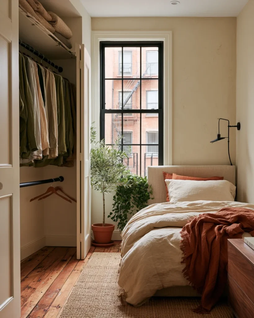 Tension rod fitted below the main closet rail to create a second hanging row in a small bedroom