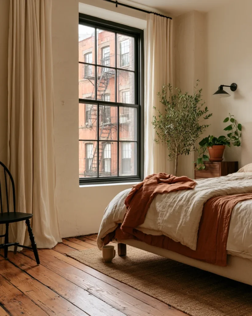 Small bedroom corner limited to a cream and walnut palette with one terracotta accent