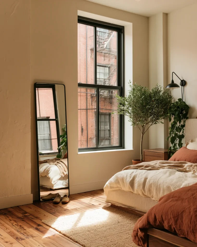 Full length mirror leaning opposite the window reflecting daylight back into a small bedroom