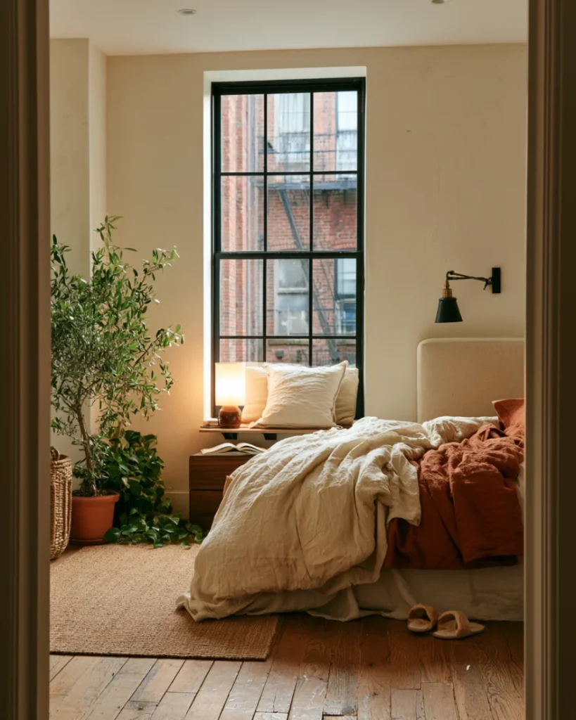 Small bedroom at dusk with the floor cleared after a five minute nightly reset
