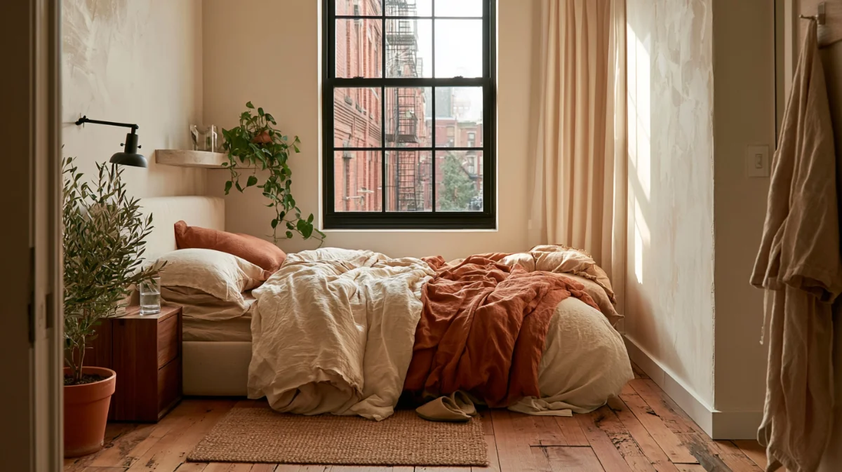 Small bedroom with a completely clear floor seen from the doorway, the result of these minimalist bedroom ideas for small rooms