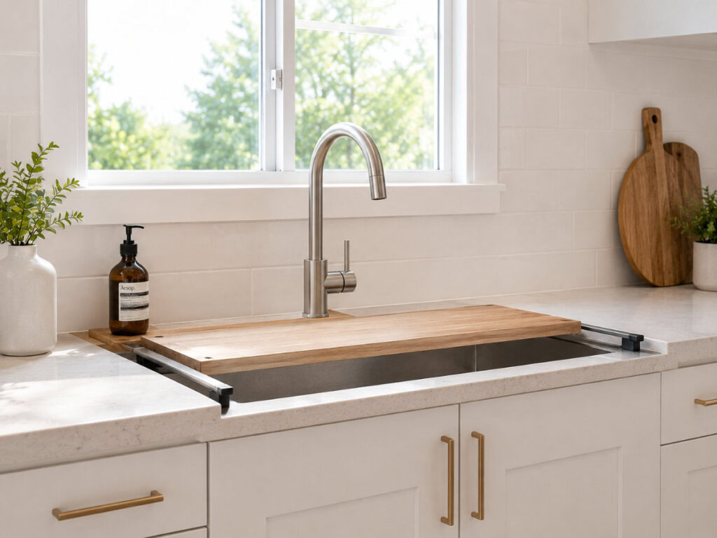 over-the-sink cutting board extending workspace above kitchen sink