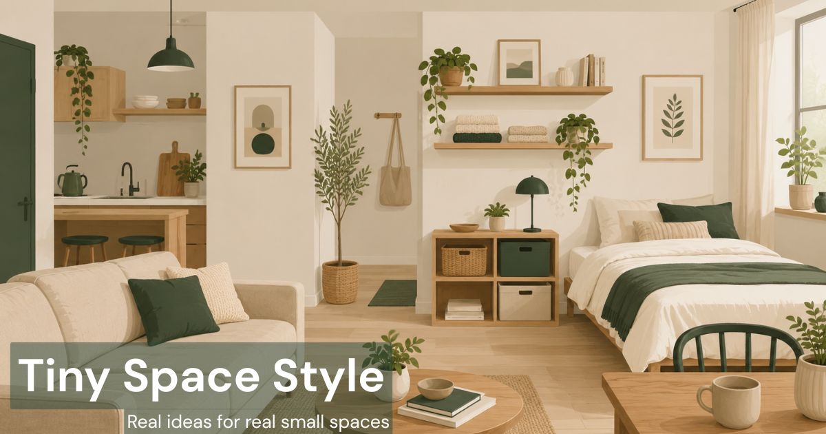 Cozy small apartment with organized shelves, plants, and budget-friendly decor