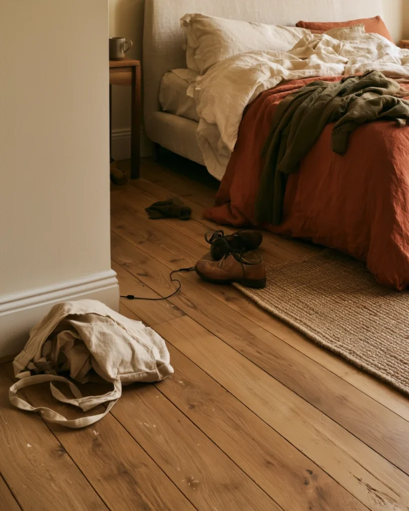 Bedroom floor with bags, shoes and a dropped jumper, the first symptom small bedroom organization has to diagnose