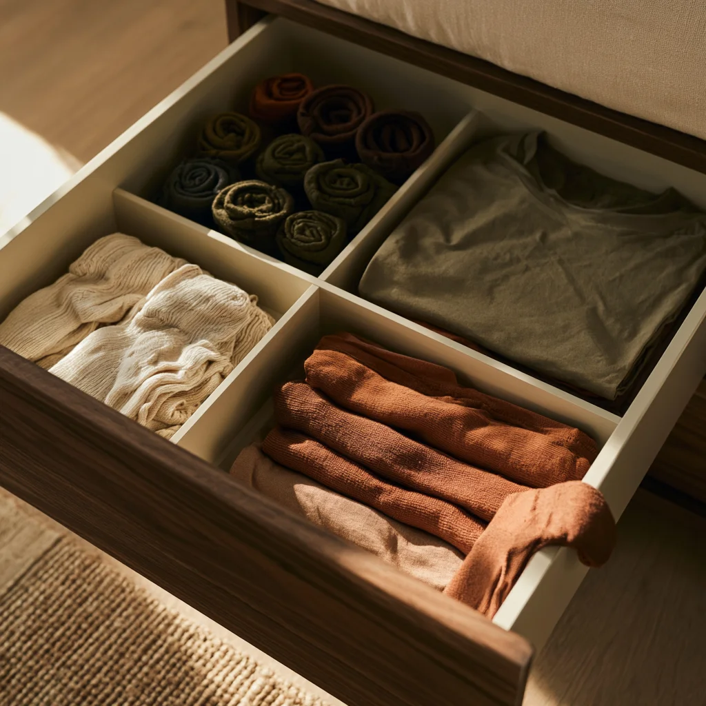 Dresser drawer divided into compartments with one category of clothing in each