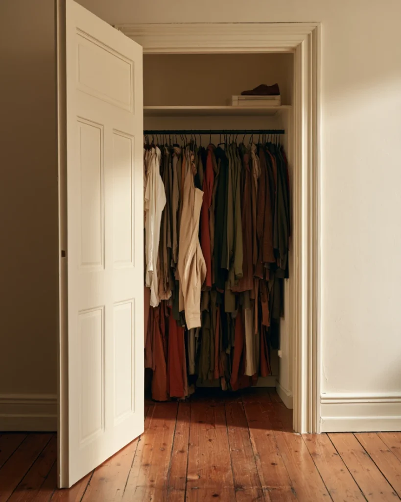 Closet rail packed so tightly that individual garments cannot be seen