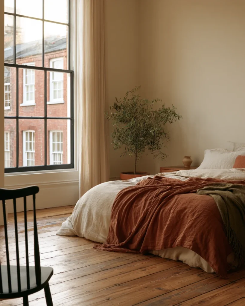 Bedroom corner carrying very few separate visible objects, showing low visual load