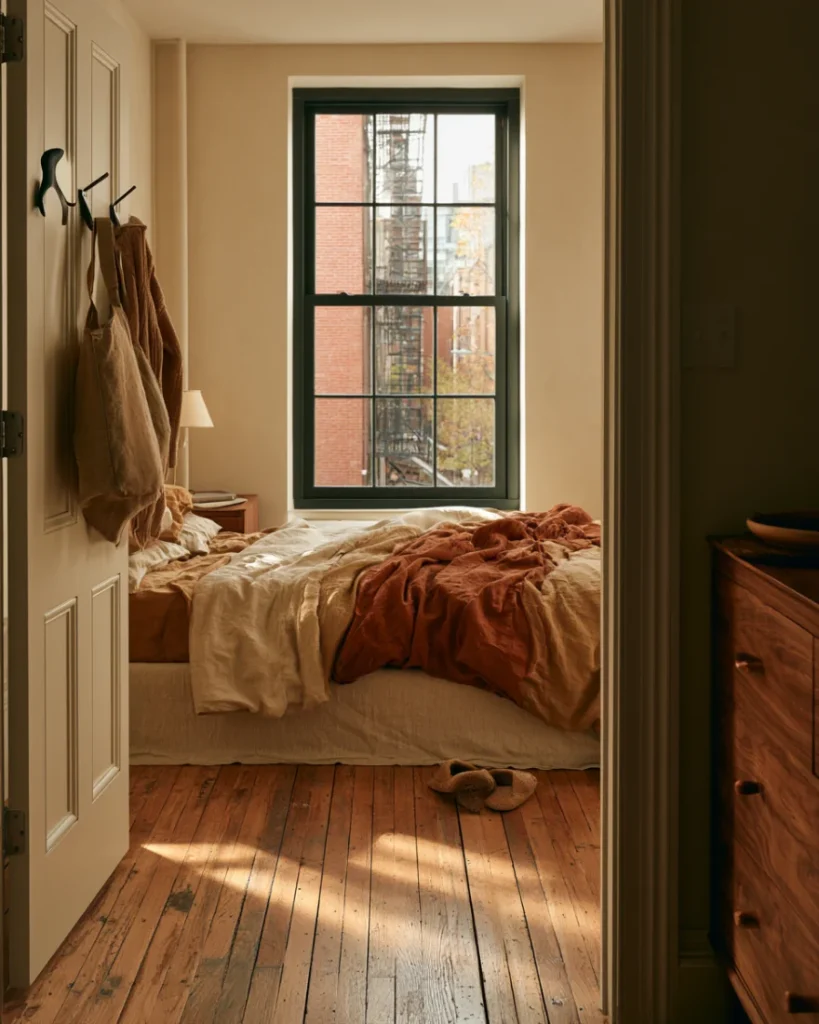 Small bedroom with a clear floor and hooks on the door carrying the items that used to land there