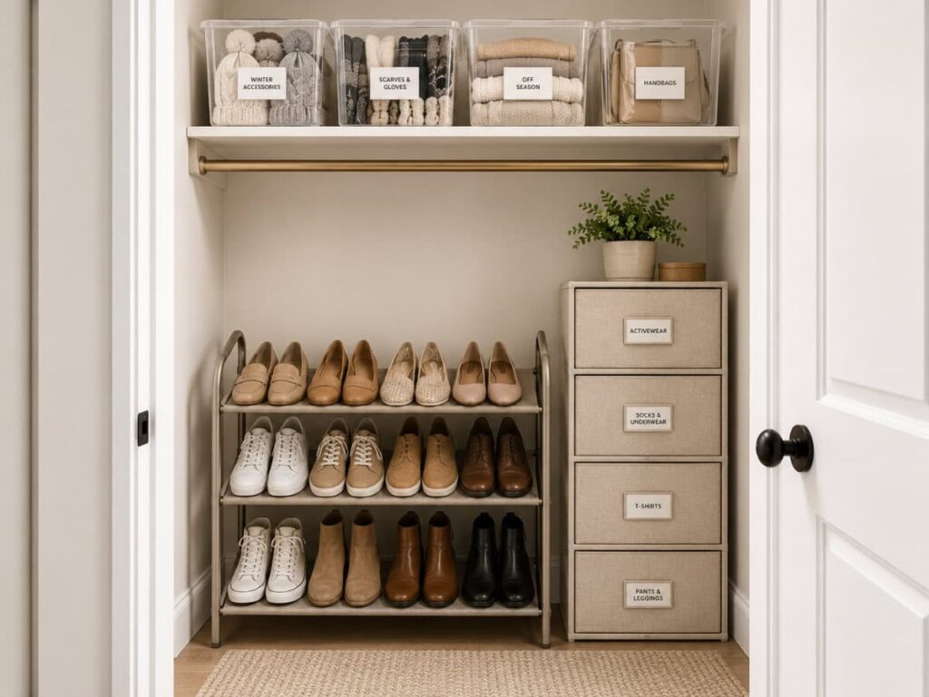 small closet organization with floor shoe rack and stackable drawer unit for clothes storage
