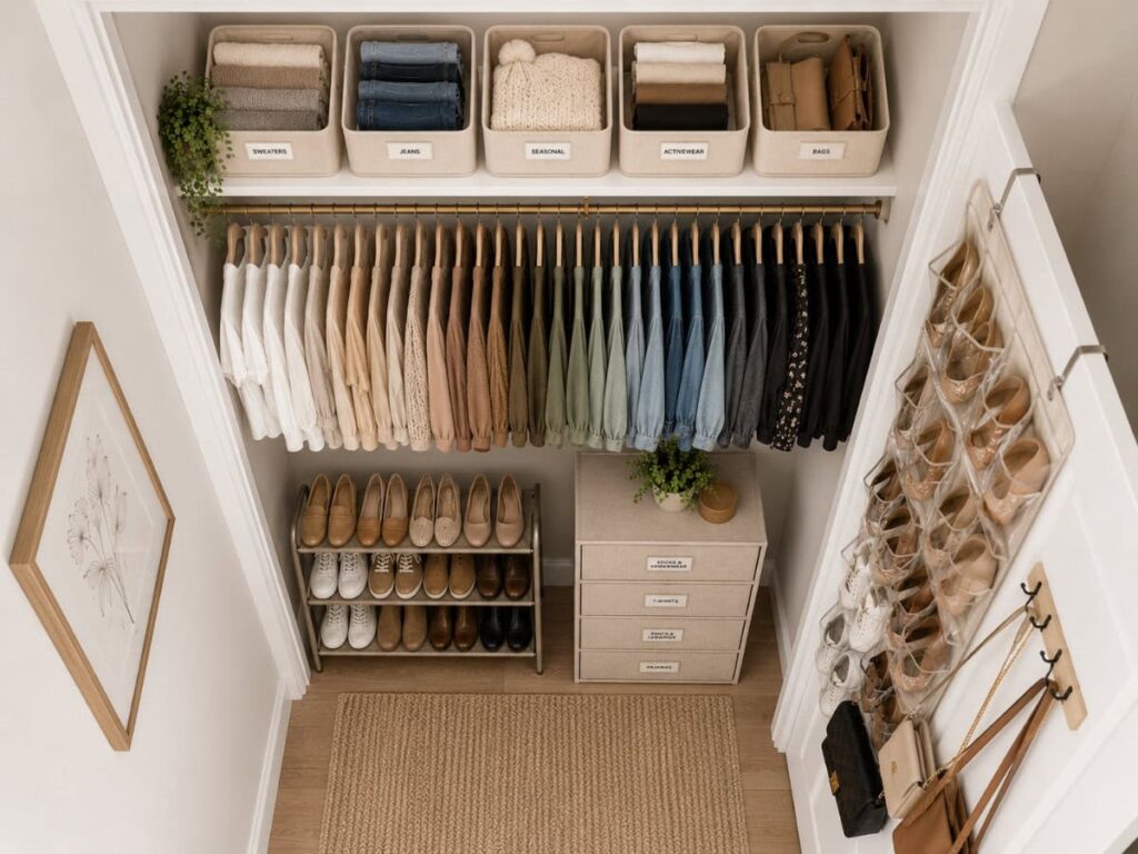 fully organized small closet with all zones maximized using small closet organization ideas
