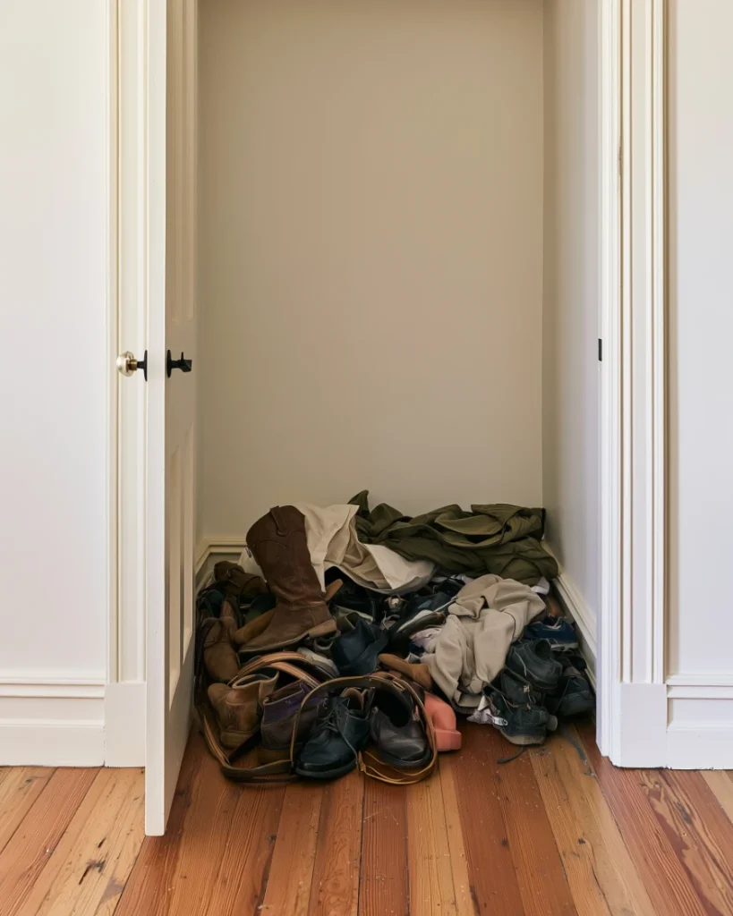Closet floor with shoes and bags loose on it, the band most small closet organization ideas ignore