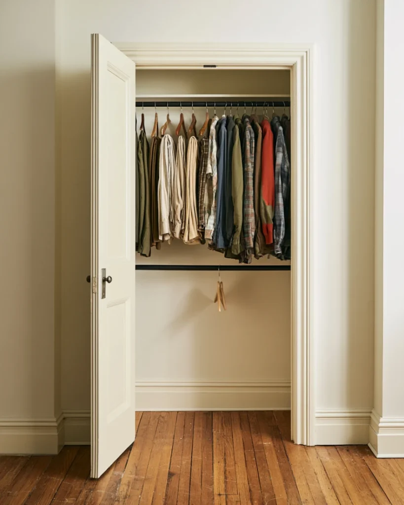 Closet fitted with a second rod below the first, roughly doubling the hanging run