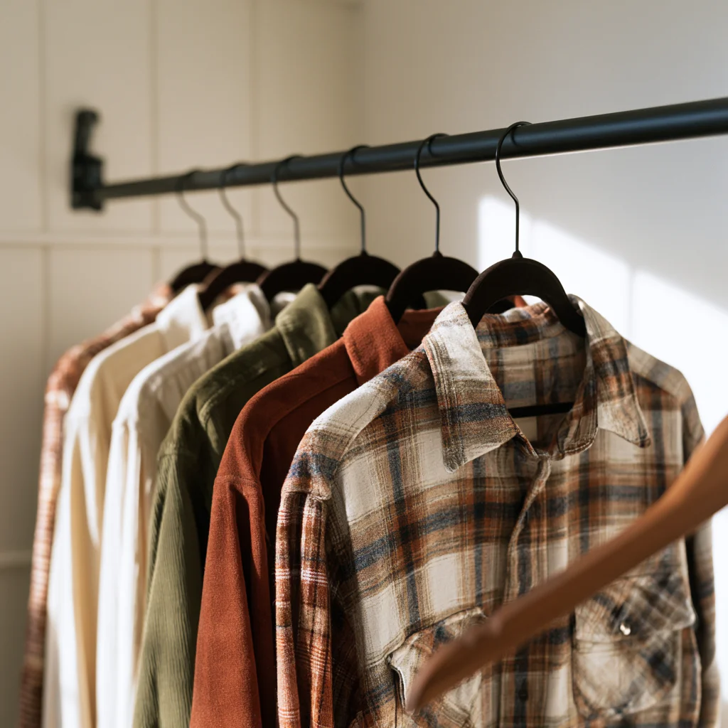 Slim velvet hangers spaced about an inch apart along a closet rod
