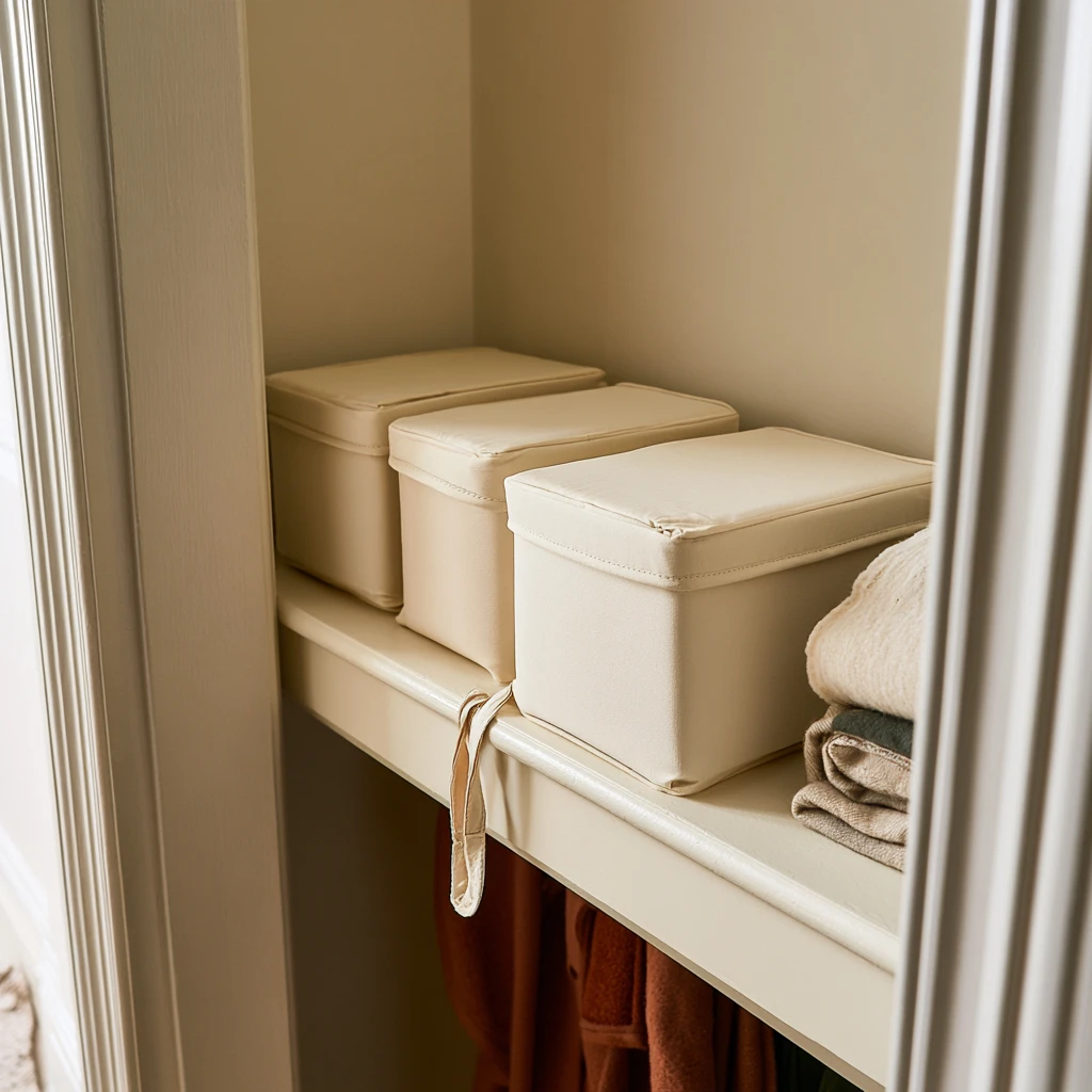 Four matching lidded boxes with flat tops lined up on the shelf above a closet rod