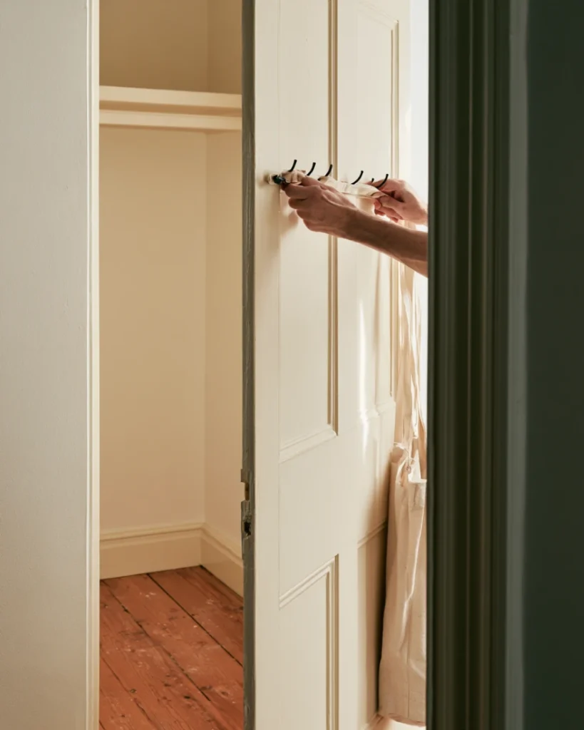 Over door organiser being hooked onto the top edge of a closet door