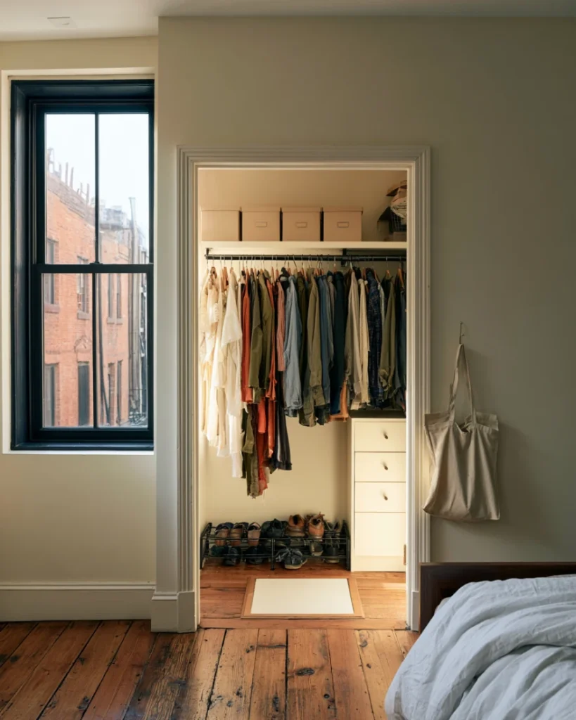 Finished reach-in closet with two rods, a drawer unit, a shoe rack and matched boxes above