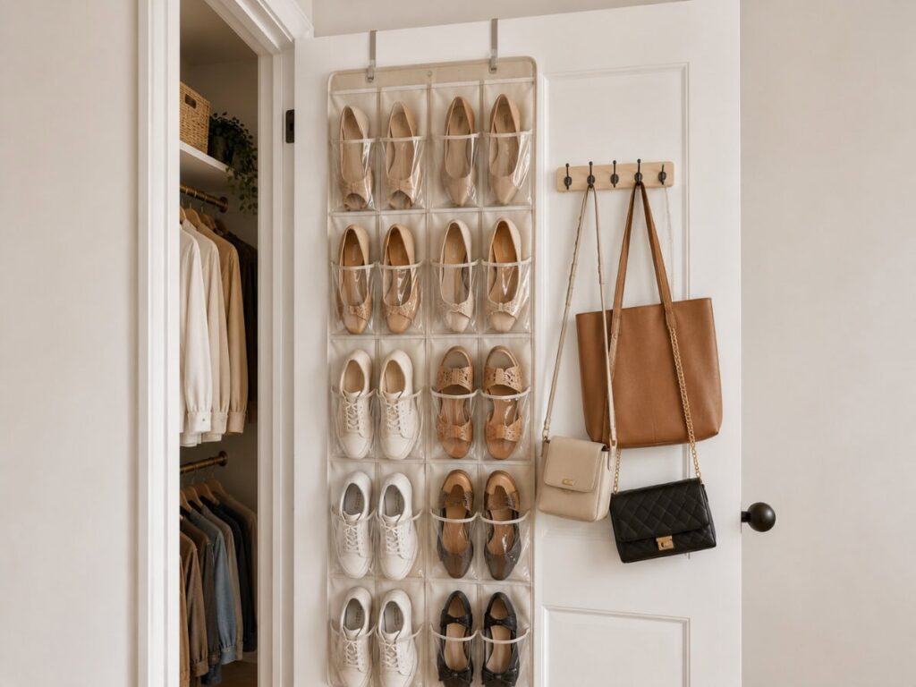 small closet storage ideas using over-door organizer for shoes and bags