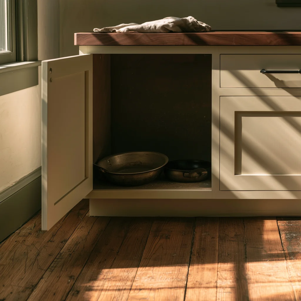 Open base cabinet with pans at the front and empty unreachable space at the back
