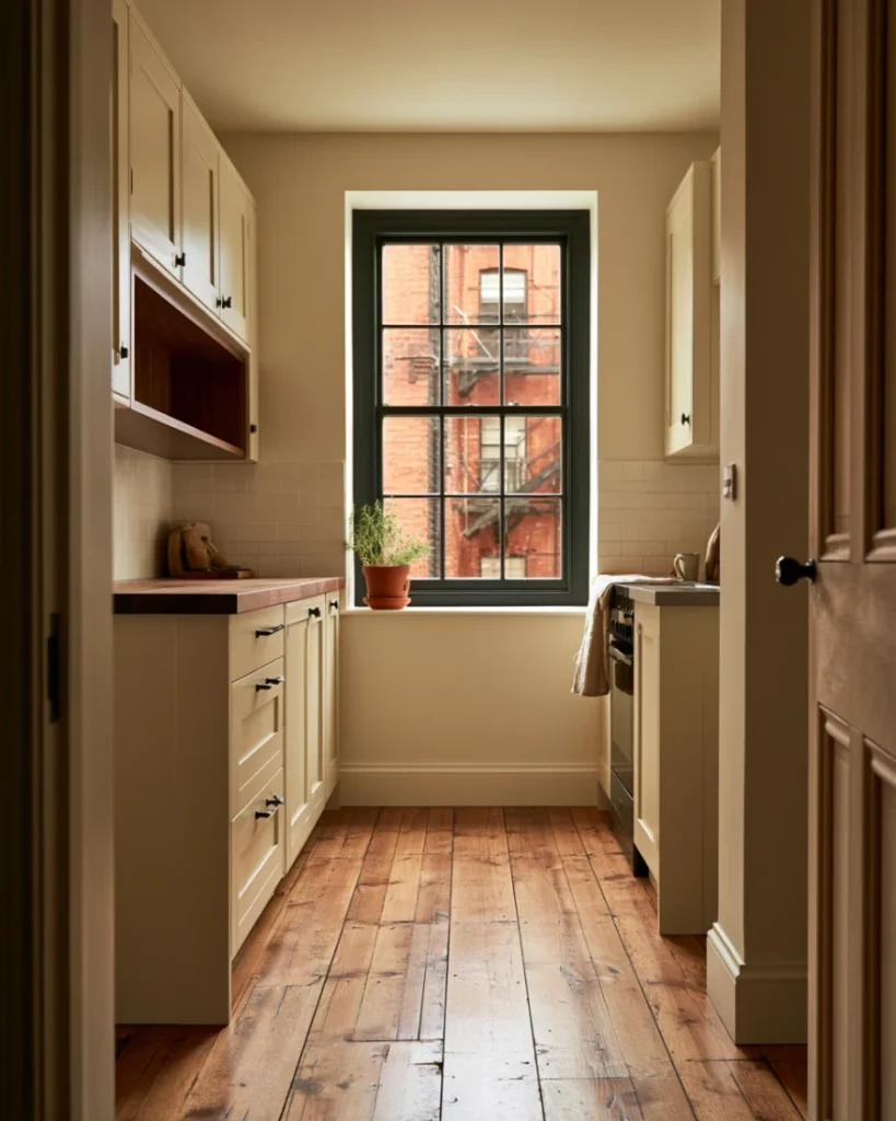 Narrow galley kitchen showing where extra small kitchen storage hides beside the fridge and above the wall cabinets
