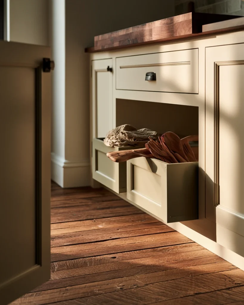 Two shallow bins pulled forward on a base cabinet shelf, standing in for missing drawers