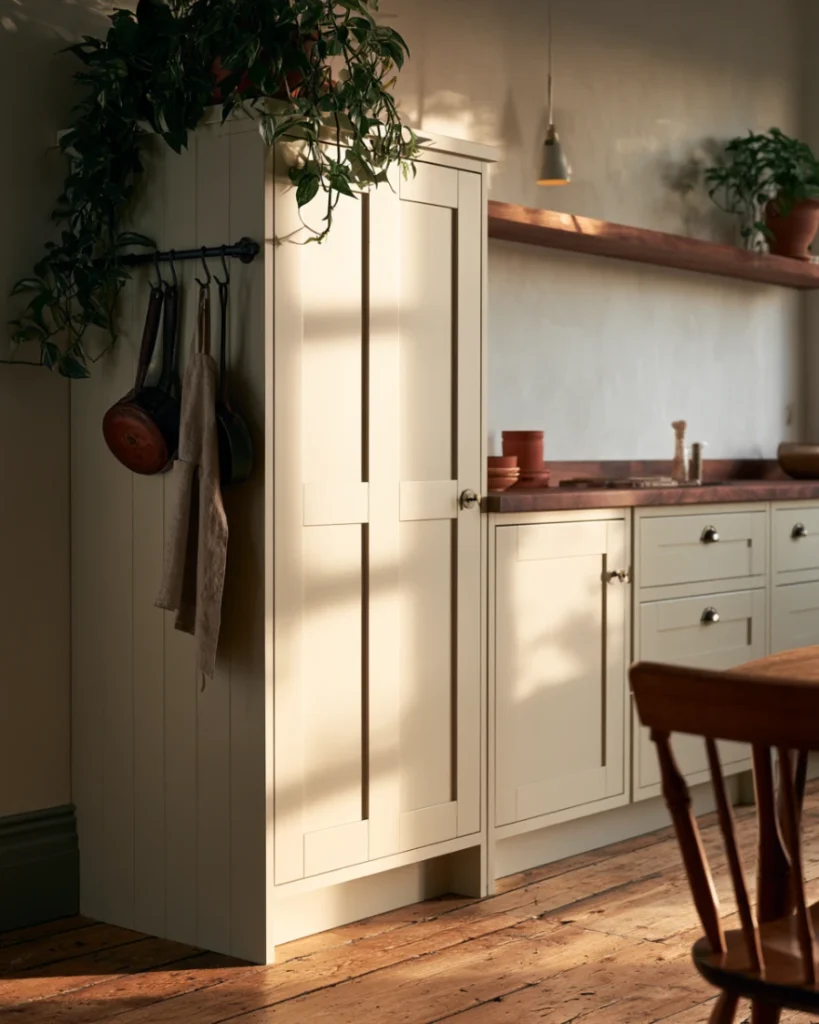 Slim rail fitted to the exposed side panel of an end cabinet in a galley kitchen