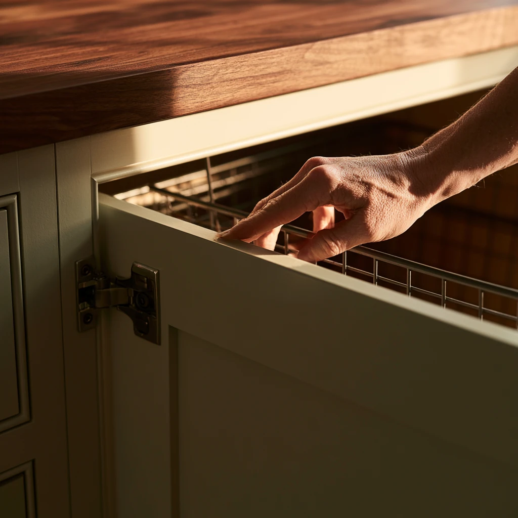 Wire pull-out basket binding against a cabinet hinge because it was ordered to the wrong depth