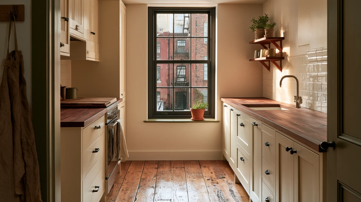 A narrow galley kitchen with clear counters after a small kitchen storage reset
