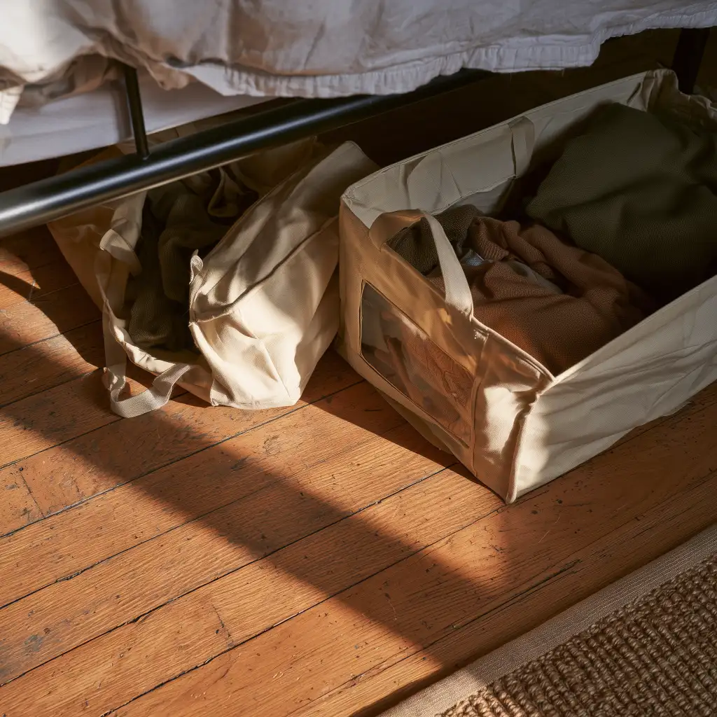 Two fabric storage bags pulled out from under a bed, one holding its shape and one slumped