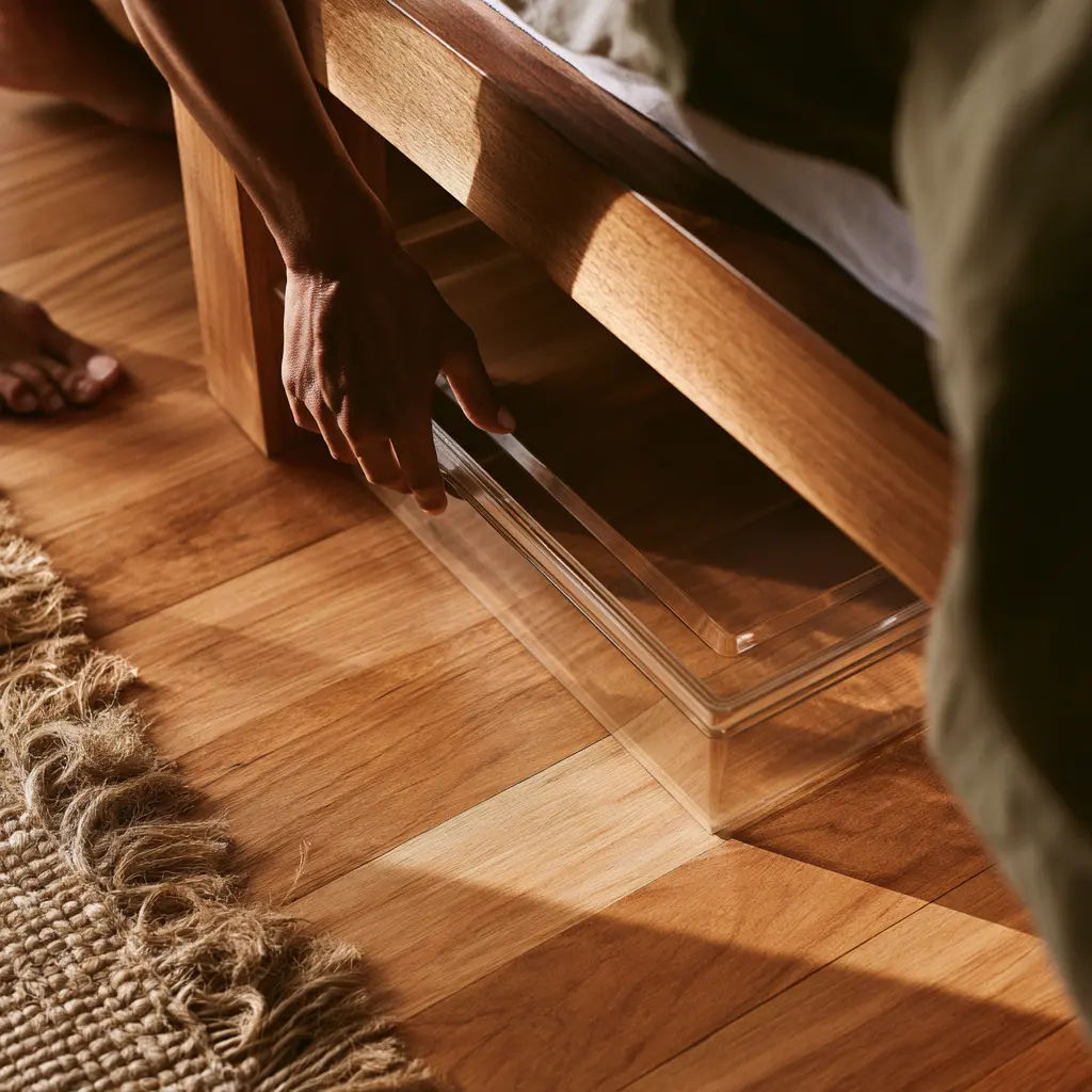Bin lid sliding under a bed frame rail with an inch of clearance above it